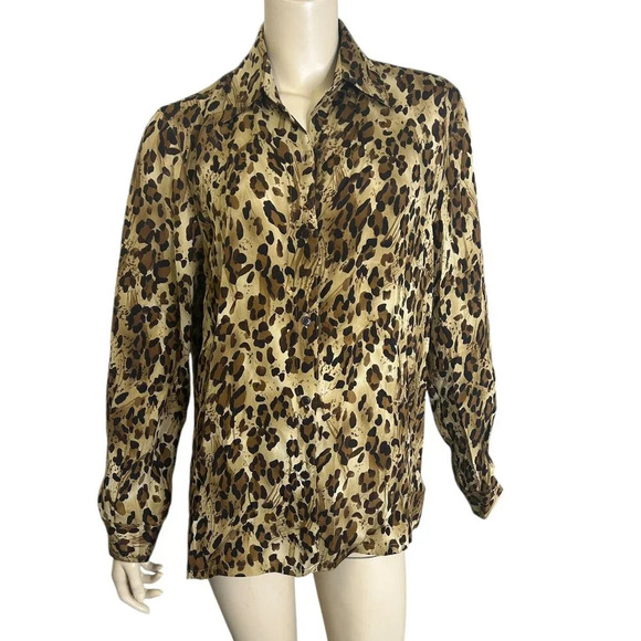 Vintage Silk Leopard Print Blouse Sz M Long Sleeve Button Down Animal Edgy Bold - Picture 1 of 4